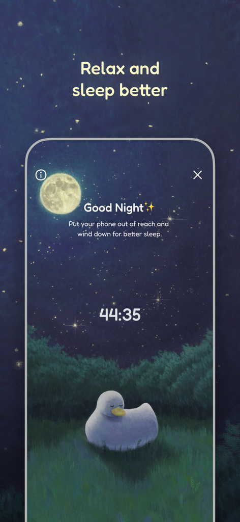 Quabble: Daily Mental Health - Quabble app sleep timer featuring a sleeping duck and moonlit night sky