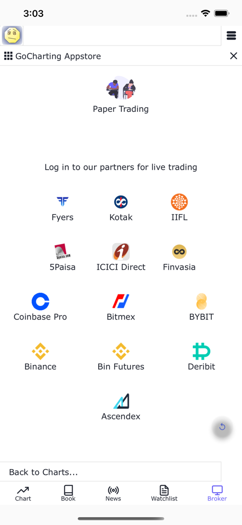 GoCharting - Uma tela exibindo corretores e exchanges parceiros do GoCharting para negociação ao vivo e em papel, incluindo Binance e Coinbase Pro.