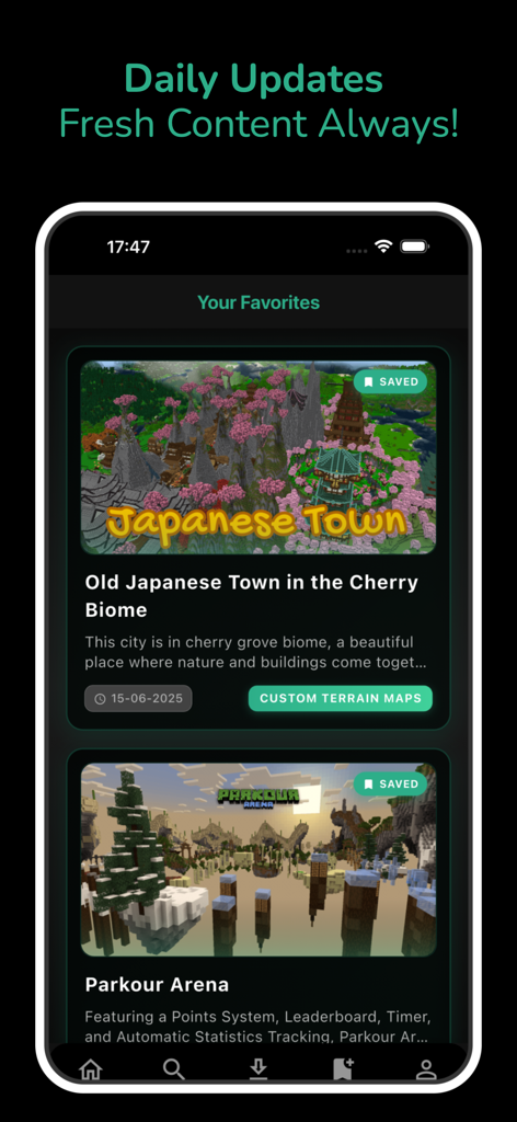 Addons skins for Minecraft - Pantalla de favoritos de la app de addons de Minecraft mostrando mapas guardados como Japanese Town y Parkour Arena