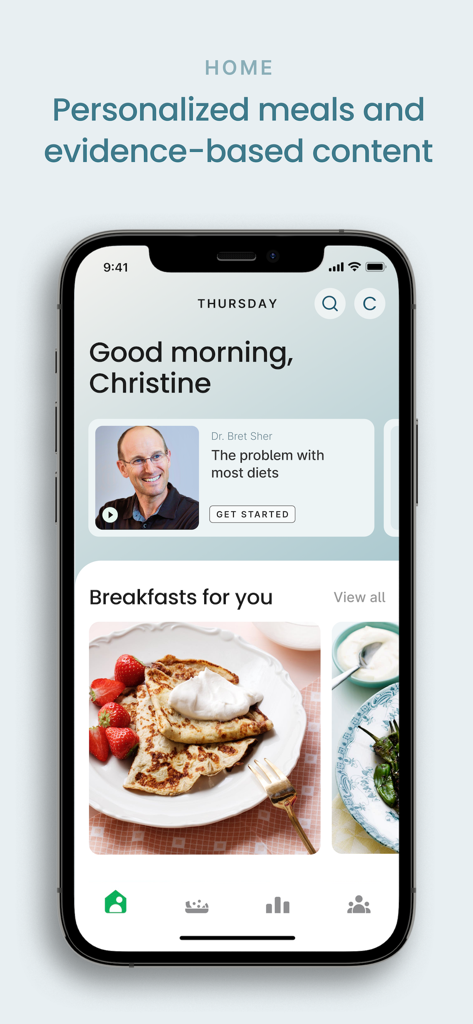 Diet Doctor mobile app home screen with personalized keto breakfast recipes and expert medical content