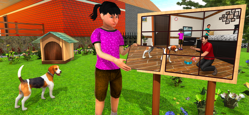Family Pet Life Dogs Simulator - Una niña personaje en un patio trasero con un perro beagle y un tablero de rompecabezas de mascotas familiares