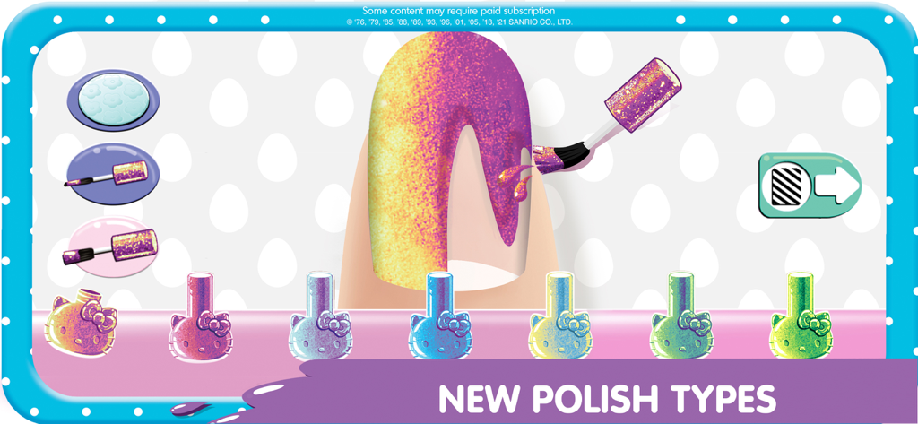 A large nail being painted with glitter polish and several Hello Kitty shaped bottles below