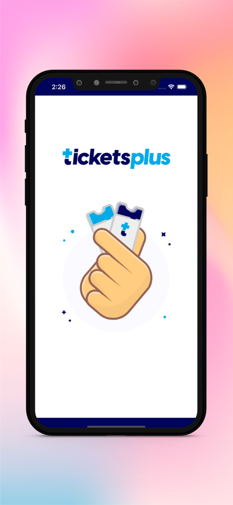 TicketsPlus app splash screen showing a hand holding event tickets