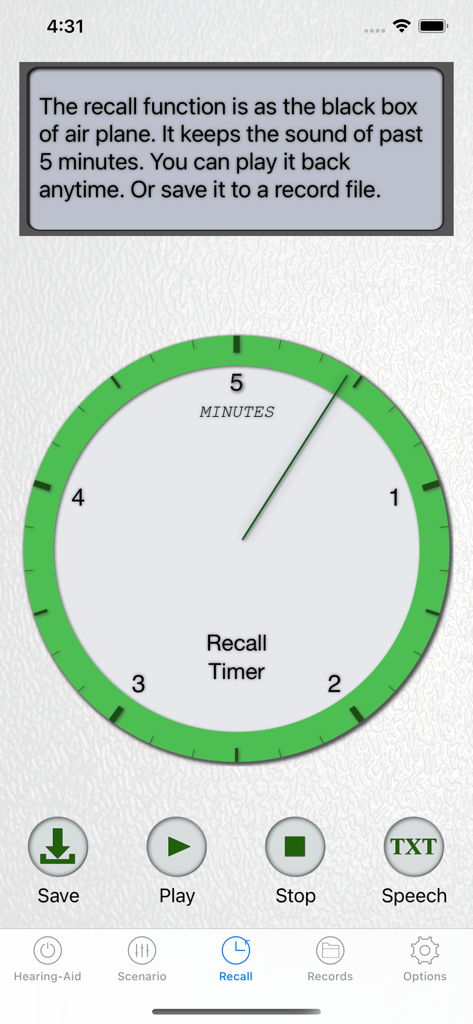 Hearing Aid - Sound Amplifier - Interface of a hearing aid app showing the recall function with a five minute audio timer
