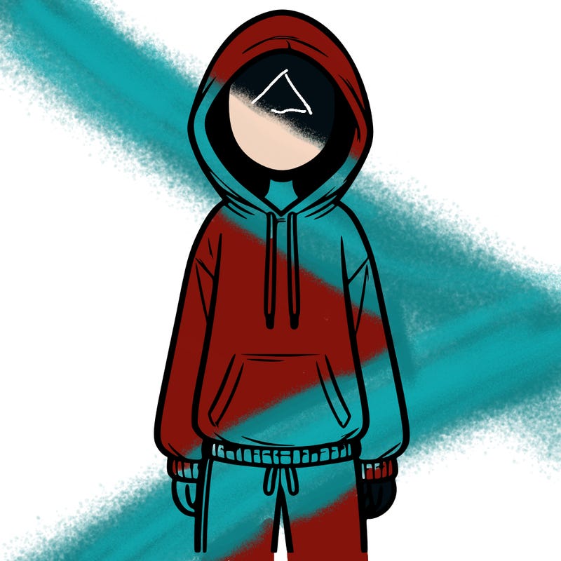 faceless girl in a tracksuit with a hood on and no hair