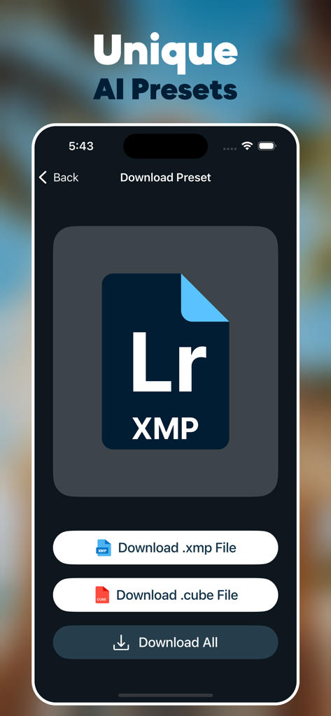 Presets for Lightroom : LRP AI - Interfaz de la aplicación LRP AI mostrando opciones de descarga para presets únicos de Lightroom en formatos de archivo XMP y CUBE