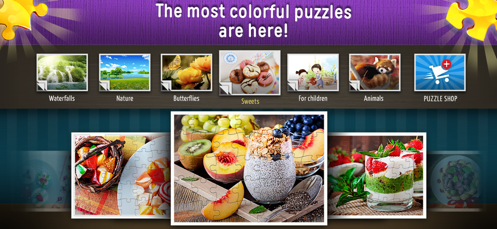 Jigsaw Puzzles World - Jigsaw Puzzles World app screen showing various puzzle categories and colorful food-themed puzzle previews.