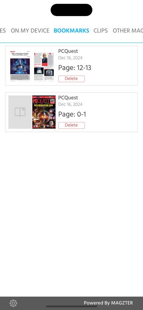 PCQuest - Bookmarks tab of the PCQuest app displaying saved magazine pages