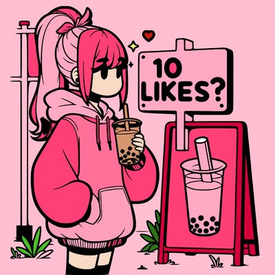 girl with oversized hoodie drinking boba and she has a high ponytail with a sign that says 10likes?
