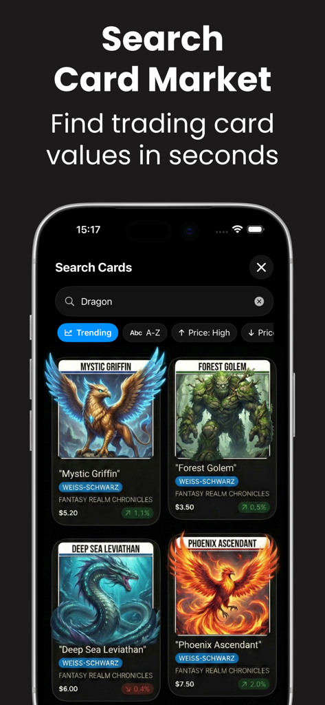 TCG Scan: Trading Card Scanner - Mobile app screen showing trading card market values and search results for dragon cards.