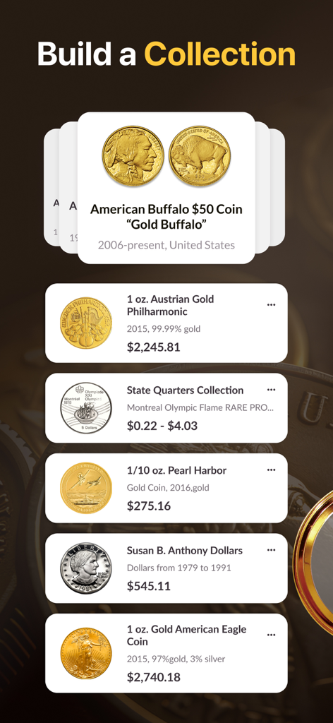 Tela de uma coleção digital de moedas mostrando várias moedas raras de ouro e prata com seus valores de mercado estimados