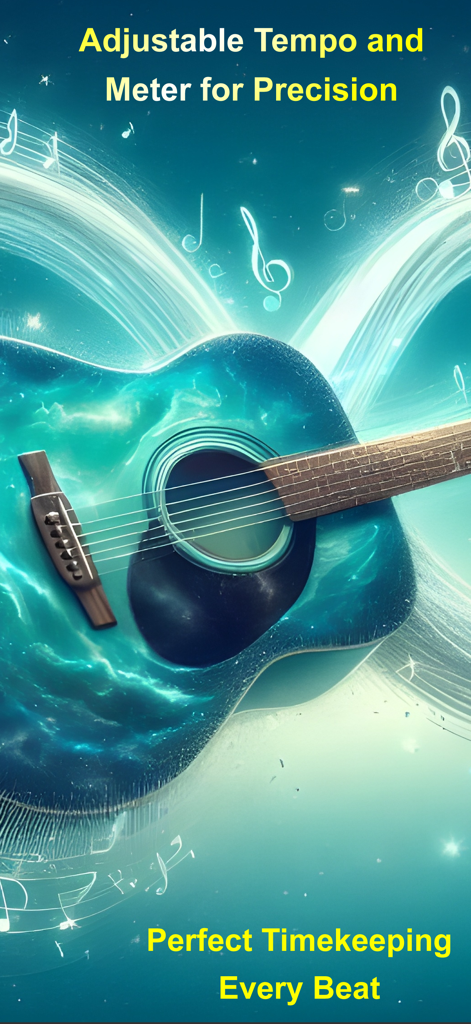 Grafica promozionale che mostra una chitarra artistica con testo sul tempo regolabile e metro per la misurazione del tempo di precisione.
