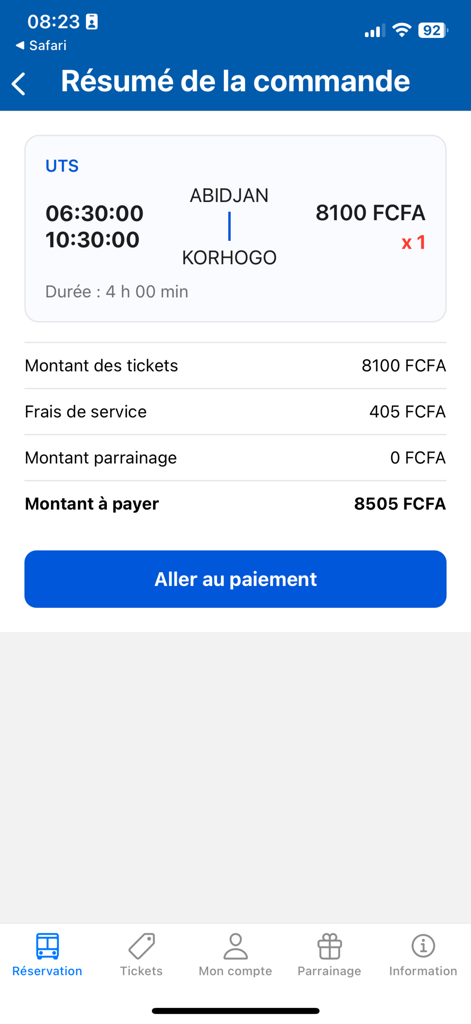 Transap - Tela de resumo do pedido no aplicativo Transap mostrando uma reserva de passagem de ônibus de Abidjan para Korhogo com detalhes de preço e um botão de pagamento