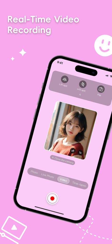 GlowCamera Selfie Lightアプリのリアルタイムビデオ録画インターフェース。