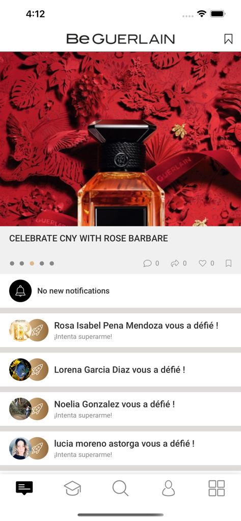 Be GUERLAIN - Home screen of the Be GUERLAIN app showing a Rose Barbare fragrance banner and a feed of user challenges