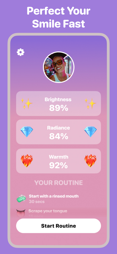 Gleam - Perfect Your Smile - Gleam App-Dashboard mit Lächelbewertungen für Helligkeit und Strahlkraft sowie einer personalisierten Mundhygiene-Routine