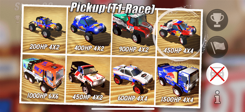 DuneDrift - Vehicle selection screen in DuneDrift showing eight rally cars and trucks with performance specs