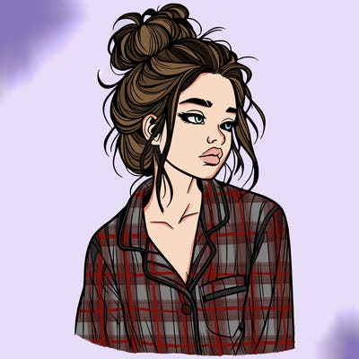 realistic woman with pajamas on and a messy bun