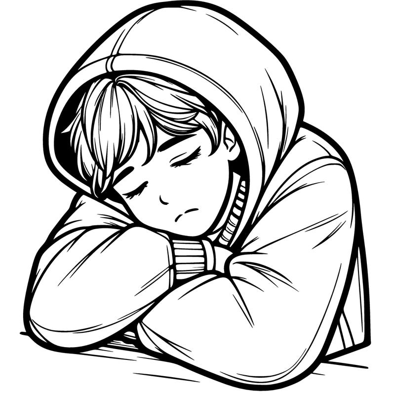 a realistic boy with a oversized hoodie sleeping