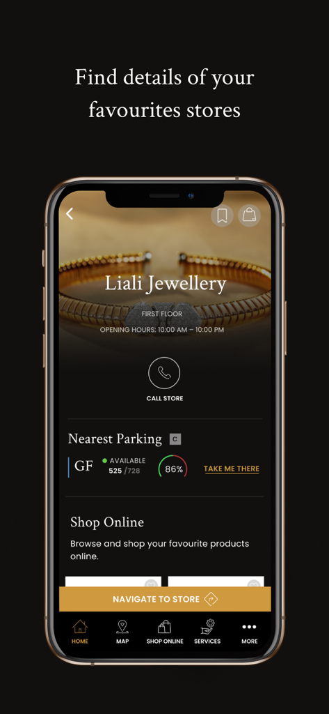 Mall of the Emirates (MOE) - App del Mall of the Emirates che mostra le informazioni sul negozio Liali Jewellery con opzioni di parcheggio e navigazione