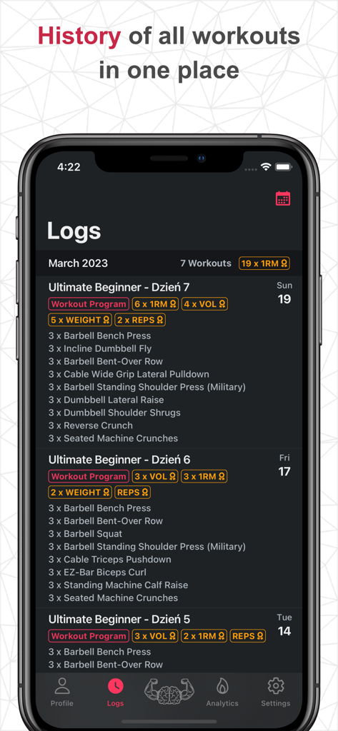 SmartWorkout - Gym Log Tracker - Pantalla detallada del historial de registros de entrenamiento con listas de ejercicios y métricas de entrenamiento en la aplicación SmartWorkout.