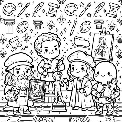 Dive into a world where historical art meets adorable charm with our Kawaii Renaissance Artists coloring page. This delightful template features iconic figures reimagined with cute features, ready for your creative touch.