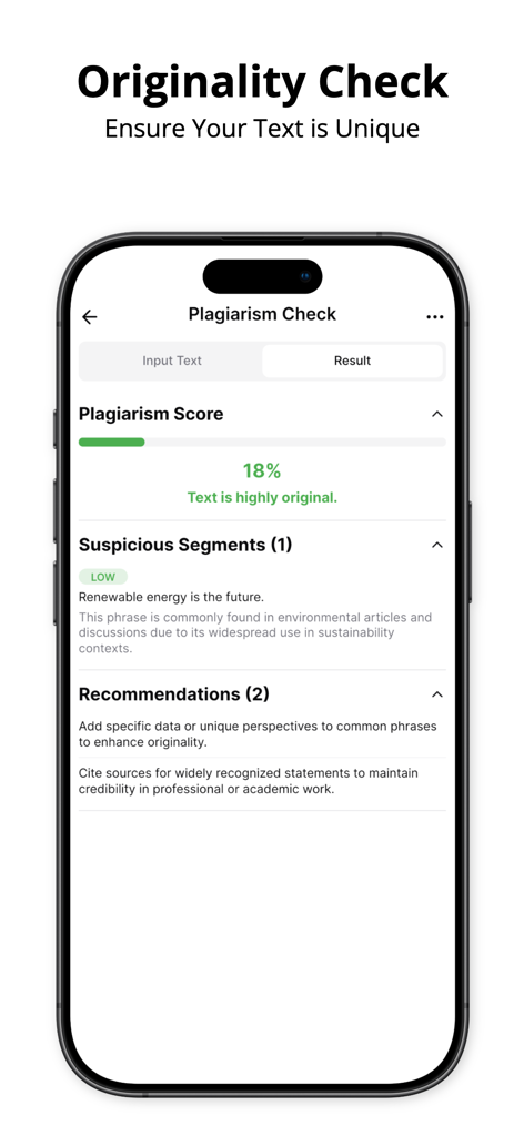 A mobile screen showing the originality check feature of the AI Writer app with a low plagiarism score and writing tips.