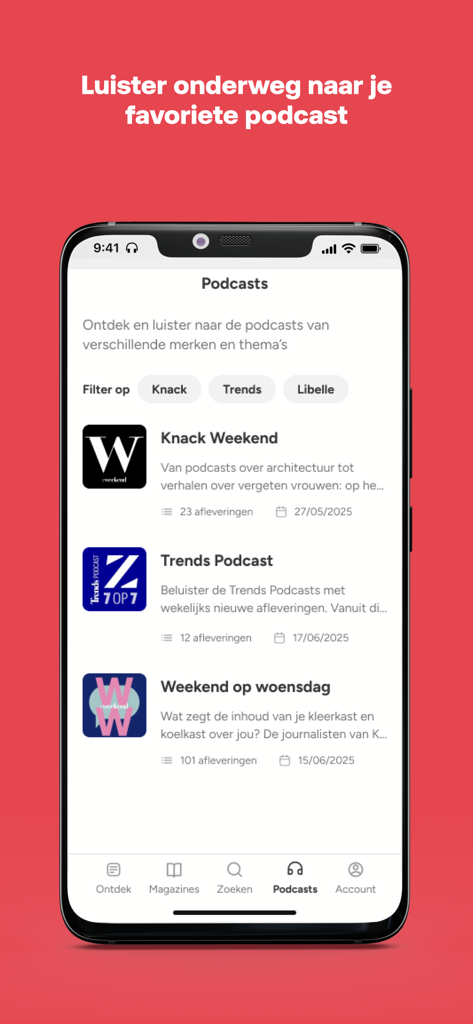 Mijn Magazines App Podcast-Entdeckungsbildschirm, der eine Liste niederländischer Podcasts anzeigt
