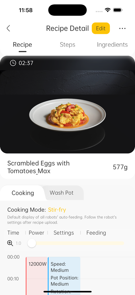 Botinkit - Botinkit app interface showing robotic stir-fry recipe settings and cooking parameters.