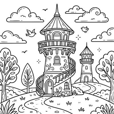 Journey to a world of whimsical observation towers with this delightful coloring page, perfect for young adventurers. Featuring tall structures with spiral stairs, fluffy clouds, and playful birds, it's ready for vibrant colors.