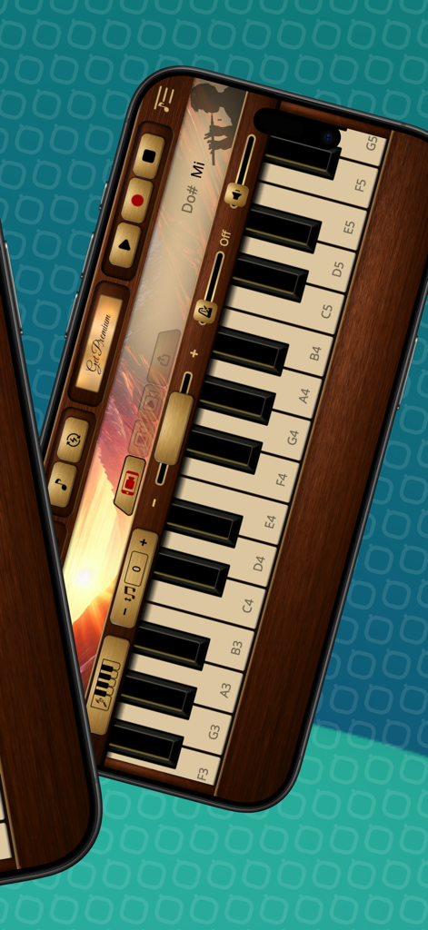 Duduk Sim - Virtual duduk instrument app interface with a wood textured keyboard and musical controls