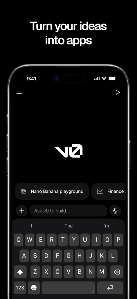 La schermata principale di v0 by Vercel con un'interfaccia di chat AI per creare applicazioni full-stack.