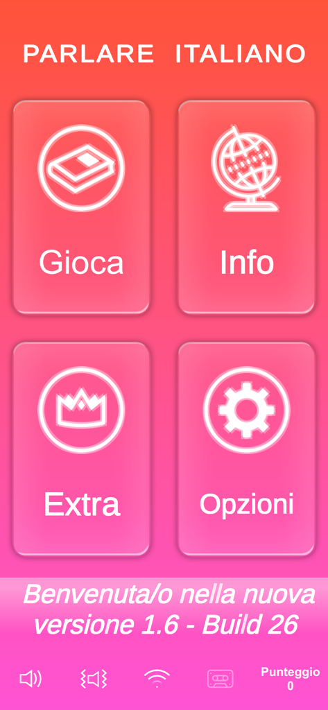 Hauptmenü der Parlare Italiano App mit Schaltflächen für Wiedergabe, Info, zusätzliche Inhalte und Einstellungen.