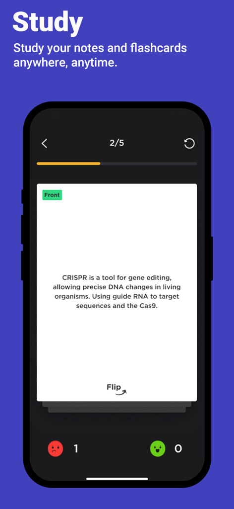 Spirax Study App - Spirax Study App interface displaying a digital flashcard about CRISPR gene editing