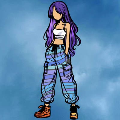 girl in baggy pants crop top and long hair