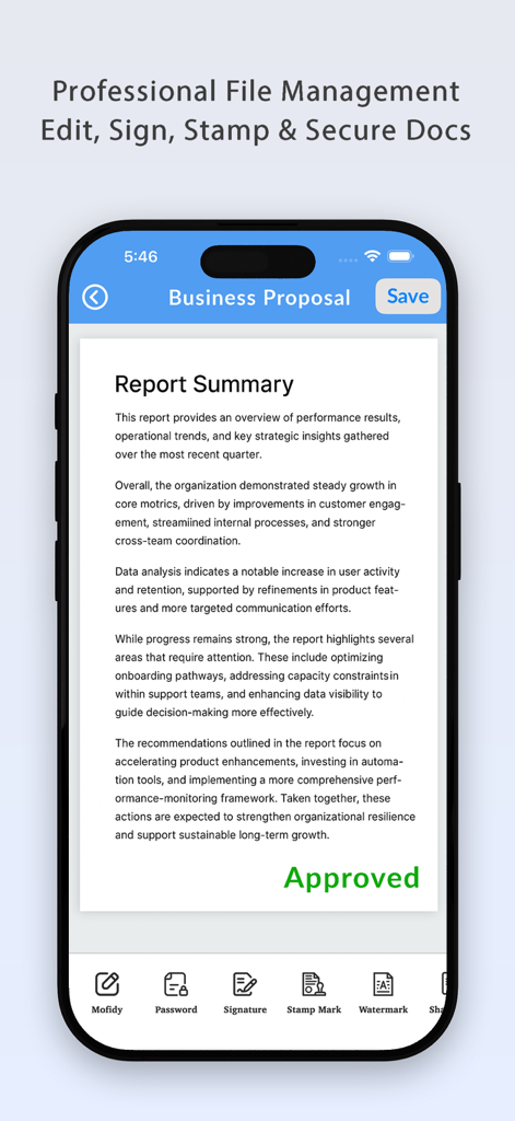 NotePad++ - Pro - Interface de l'application NotePad Pro montrant un document de proposition commerciale avec un tampon approuvé et des outils de gestion de documents comme la signature et la protection par mot de passe.