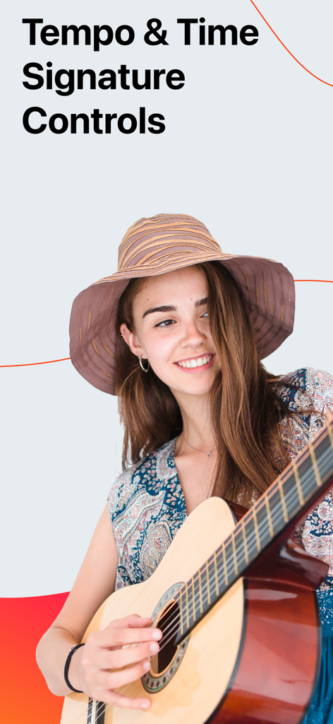 Metronome Beats: Pulse & Tempo - Eine junge Musikerin übt Akustikgitarre mit Tempo- und Taktart-Steuerungen