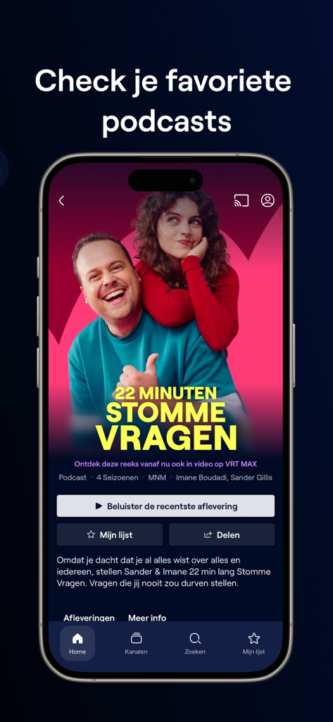 VRT MAX mobile app interface showcasing Flemish podcasts on a smartphone