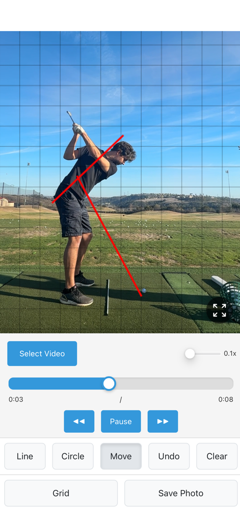 SwingDraw - Golf swing video analysis interface with red line annotations and grid overlay.