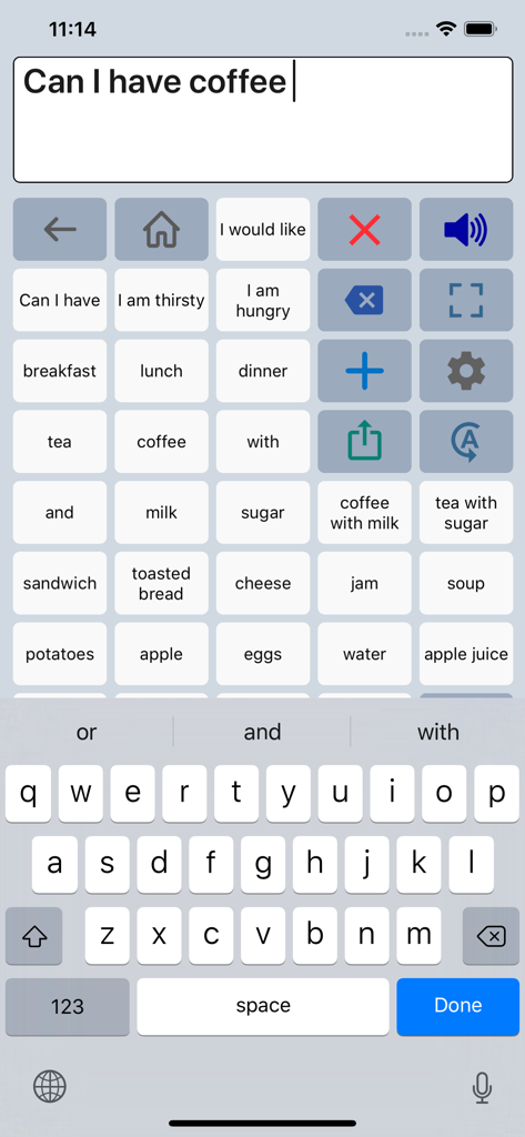 Interface do aplicativo Speech Assist Switch mostrando uma grade de frases e um teclado para comunicação