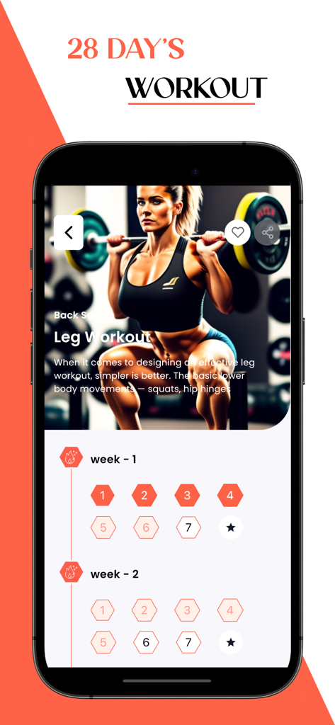 Home Workout No Equipments - FitLife app interface showing a 28 day leg workout program and a weekly exercise schedule