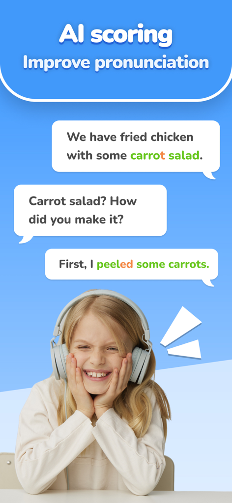 AI Speak: Fun English for kids - AIスコアリングフィードバックで英語の発音を練習しながらヘッドフォンを着用した笑顔の子供