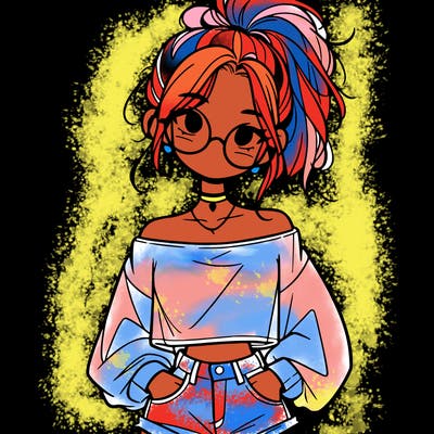 girl with a messy ponytail glasses a baggy crop top and jean shorts