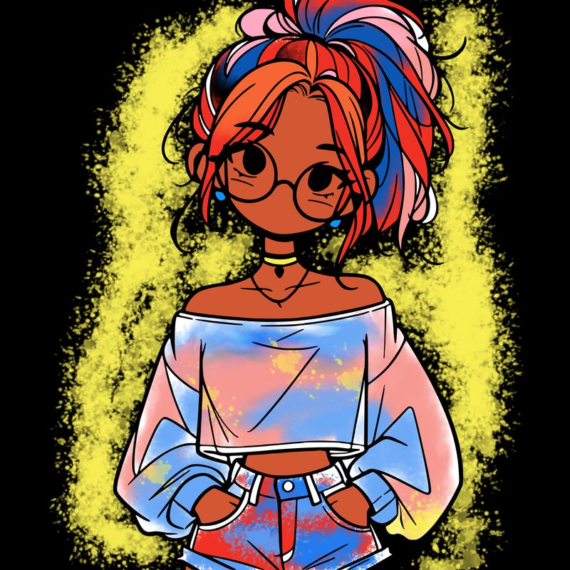 girl with a messy ponytail glasses a baggy crop top and jean shorts