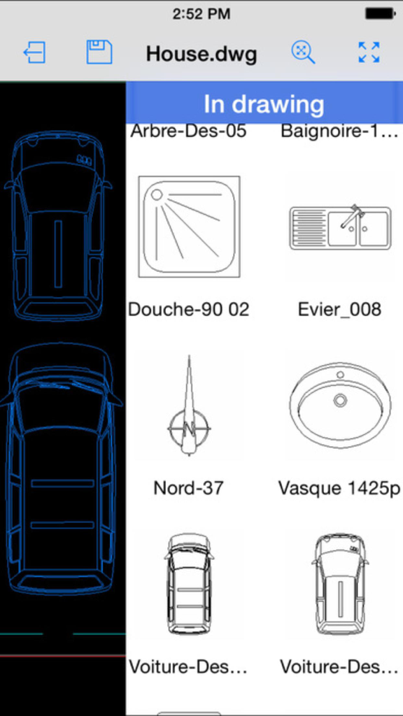 CAD Design 3D - edit Auto CAD DWG/DXF/DWF files - 浴室備品や車のシンボルを含む2Dブロックのパレットを表示するCAD Design 3Dアプリのインターフェース