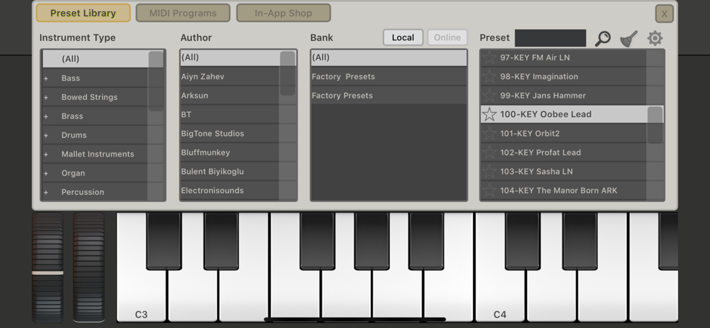 SynthMaster One - Preset library interface of SynthMaster One showing sound categories and a virtual piano keyboard.