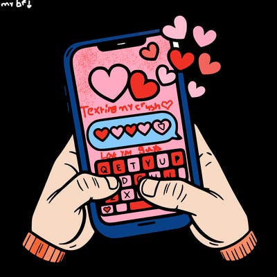 a love message being typed on a phone screen with heart emojis popping.