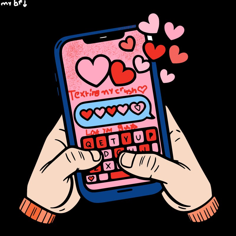 a love message being typed on a phone screen with heart emojis popping.