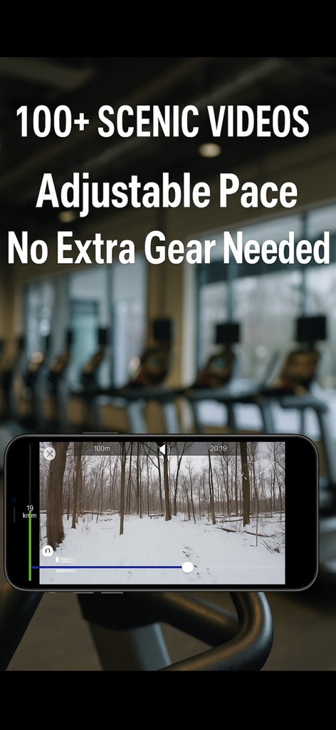 A smartphone mounted on a treadmill console displaying a virtual snowy forest trail from the Treadmill TV app.