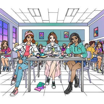 princesses in regular street clothes sitting at a table in a school cafeteria, other students at other tables, these are popular girls
